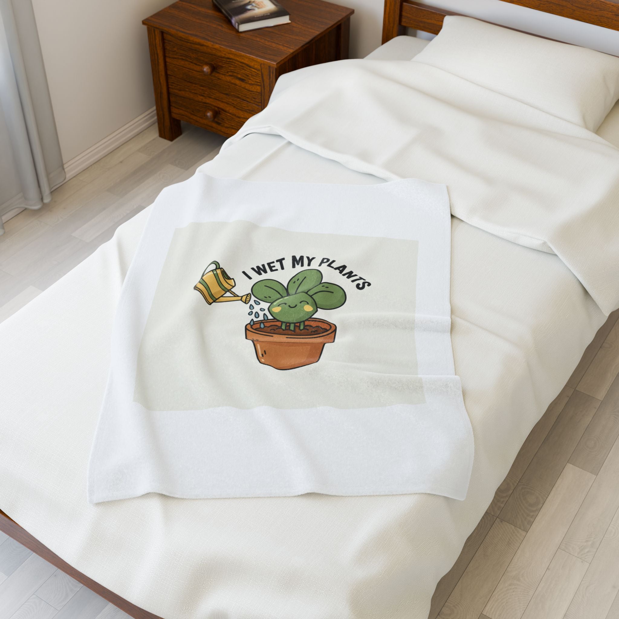 I Wet My Plants Velveteen Plush Blanket | Plant Parent Pun, Sage Cream Botanical Humor